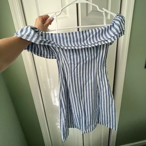 Brand New with Tags - Mini Off the Shoulder Dress Blue & White Striped by Lulus